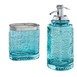 Teal 2 Piece Embossed Glass Bath Accessory Set, The Pioneer Woman Amelia